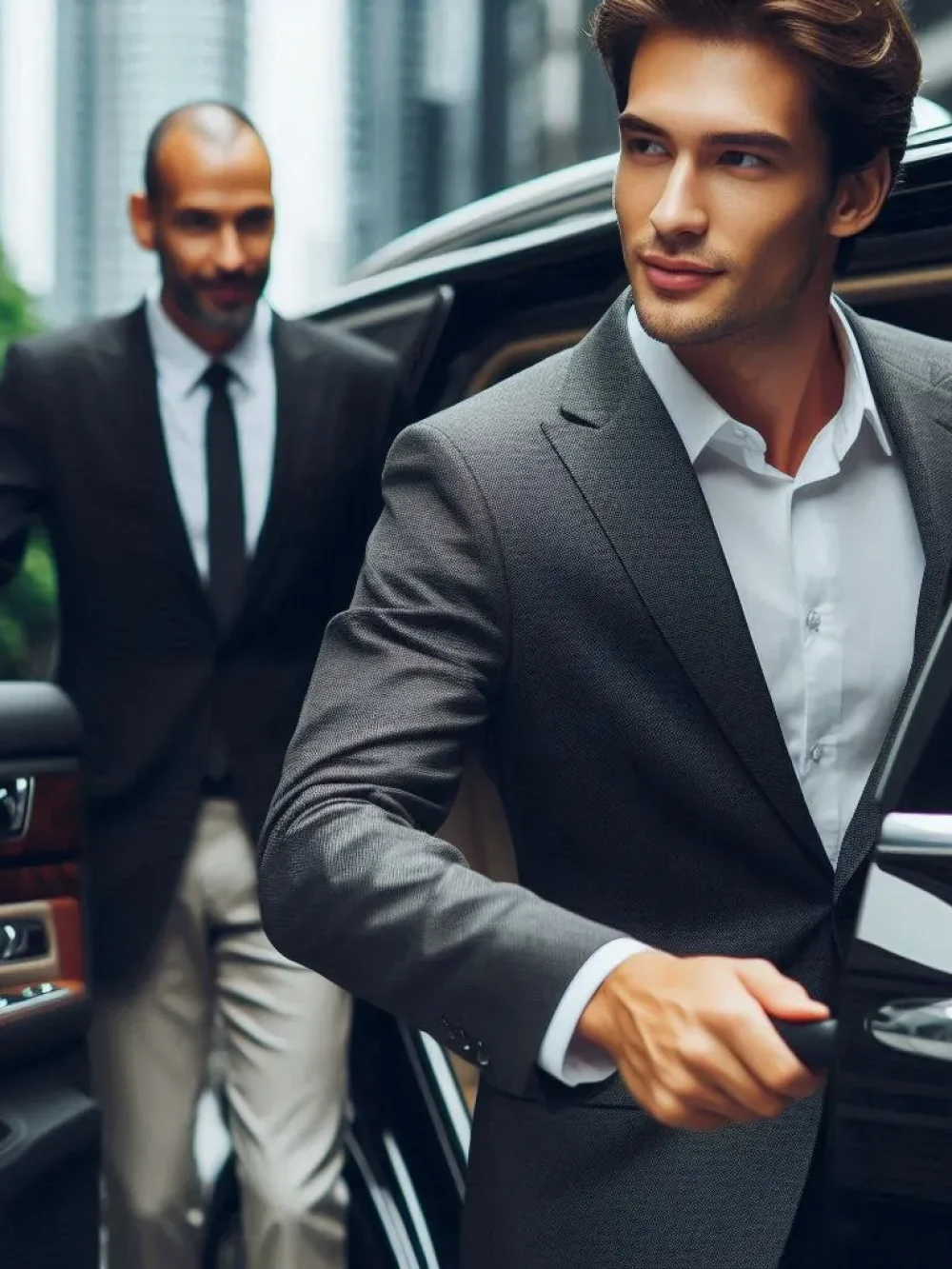 a business men getting in a chauffeur vehicle